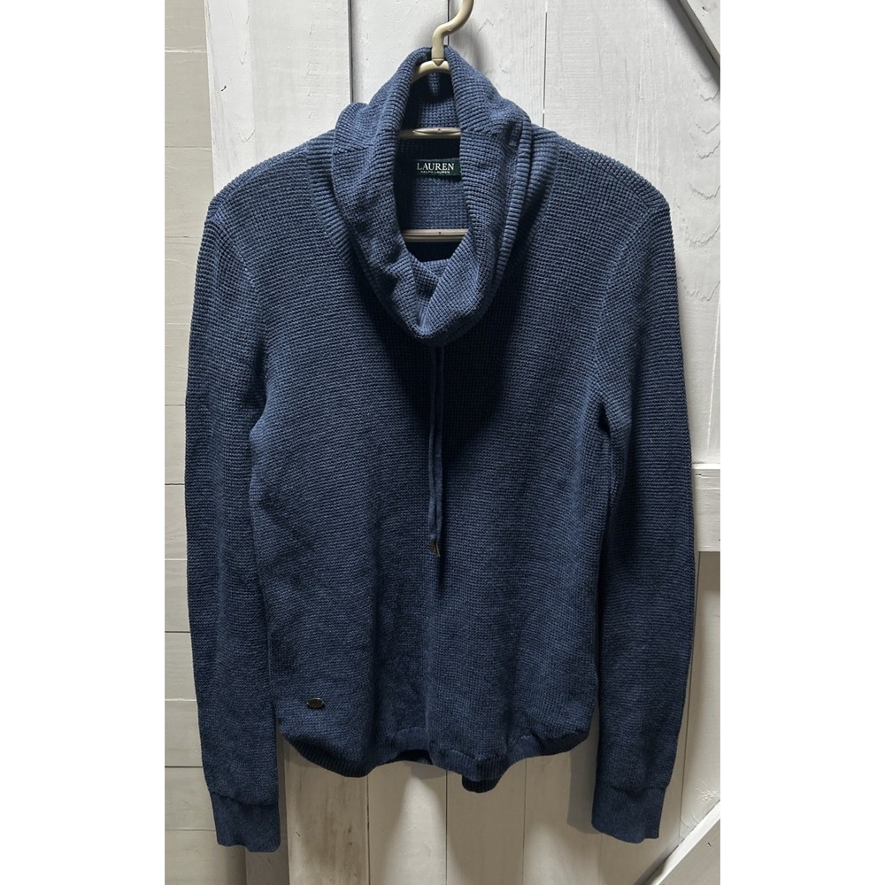 Lauren Ralph Lauren Women's Size M Waffle Knit Cowl Neck Blue Top Long Sleeve